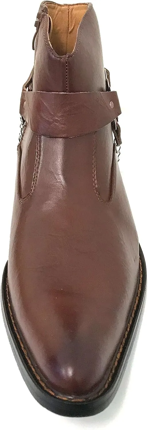V1A055S Men's Cowboy Ankle Boots Western Leather Lining Harness Strap Chain Side Zipper Shoes