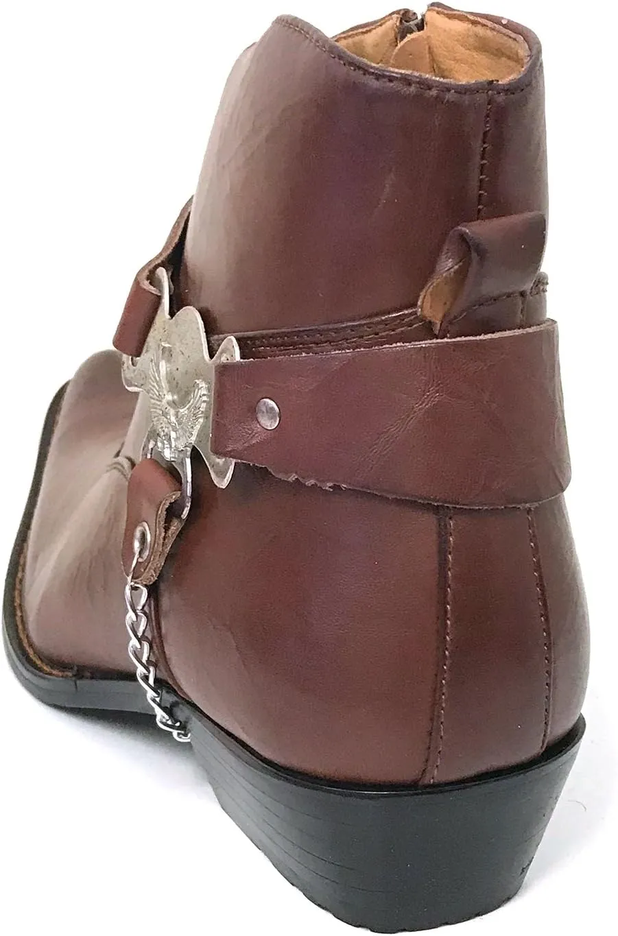 V1A055S Men's Cowboy Ankle Boots Western Leather Lining Harness Strap Chain Side Zipper Shoes