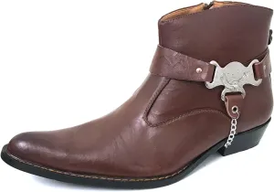 V1A055S Men's Cowboy Ankle Boots Western Leather Lining Harness Strap Chain Side Zipper Shoes