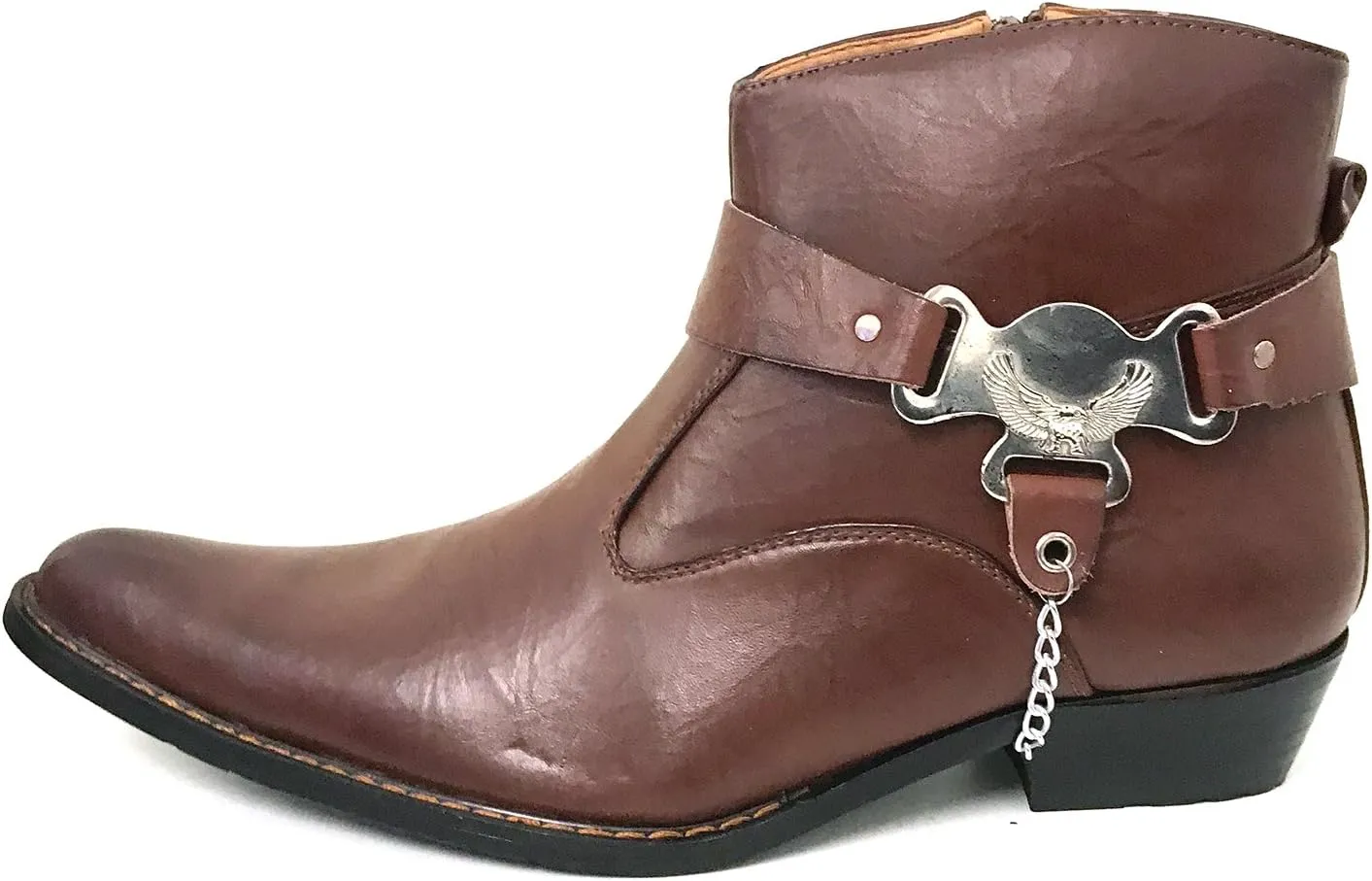 V1A055S Men's Cowboy Ankle Boots Western Leather Lining Harness Strap Chain Side Zipper Shoes