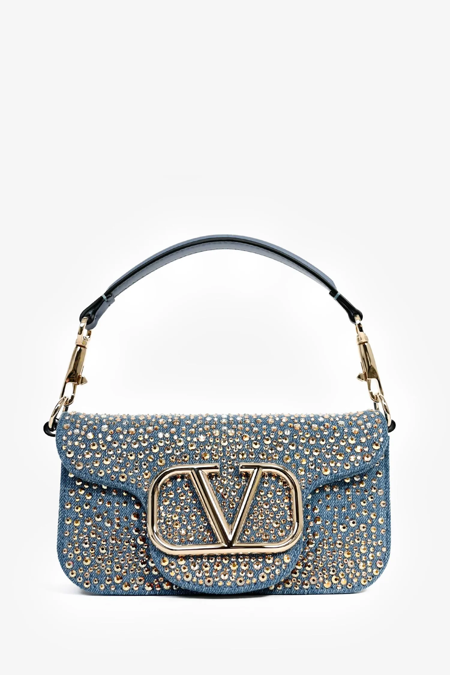 Valentino Blue Denim Crystal Studded V Logo Small 'Loco' Shoulder Bag