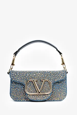 Valentino Blue Denim Crystal Studded V Logo Small 'Loco' Shoulder Bag