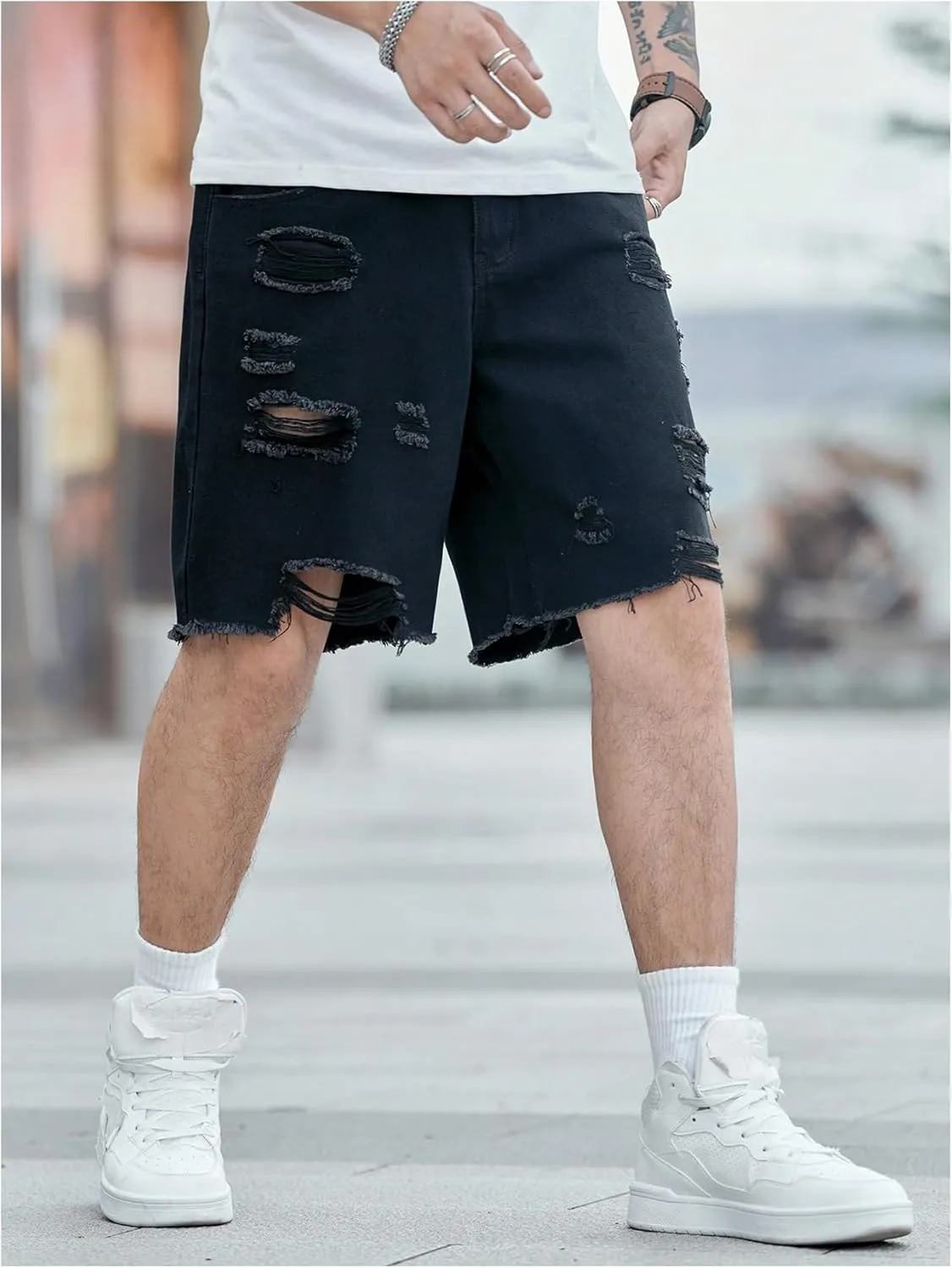 Verdusa Men's Ripped Distressed Raw Hem Straight Leg Denim Shorts