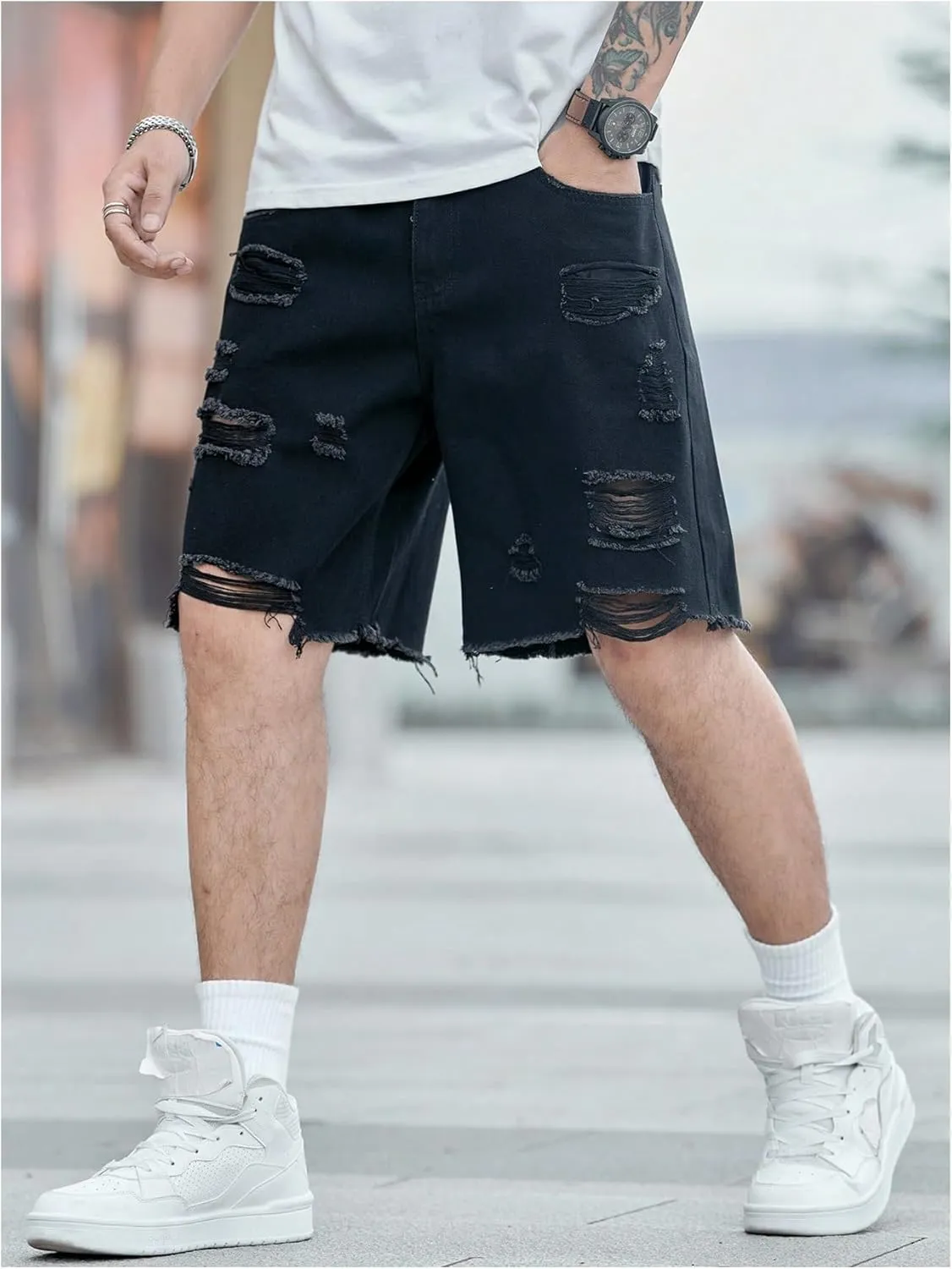 Verdusa Men's Ripped Distressed Raw Hem Straight Leg Denim Shorts