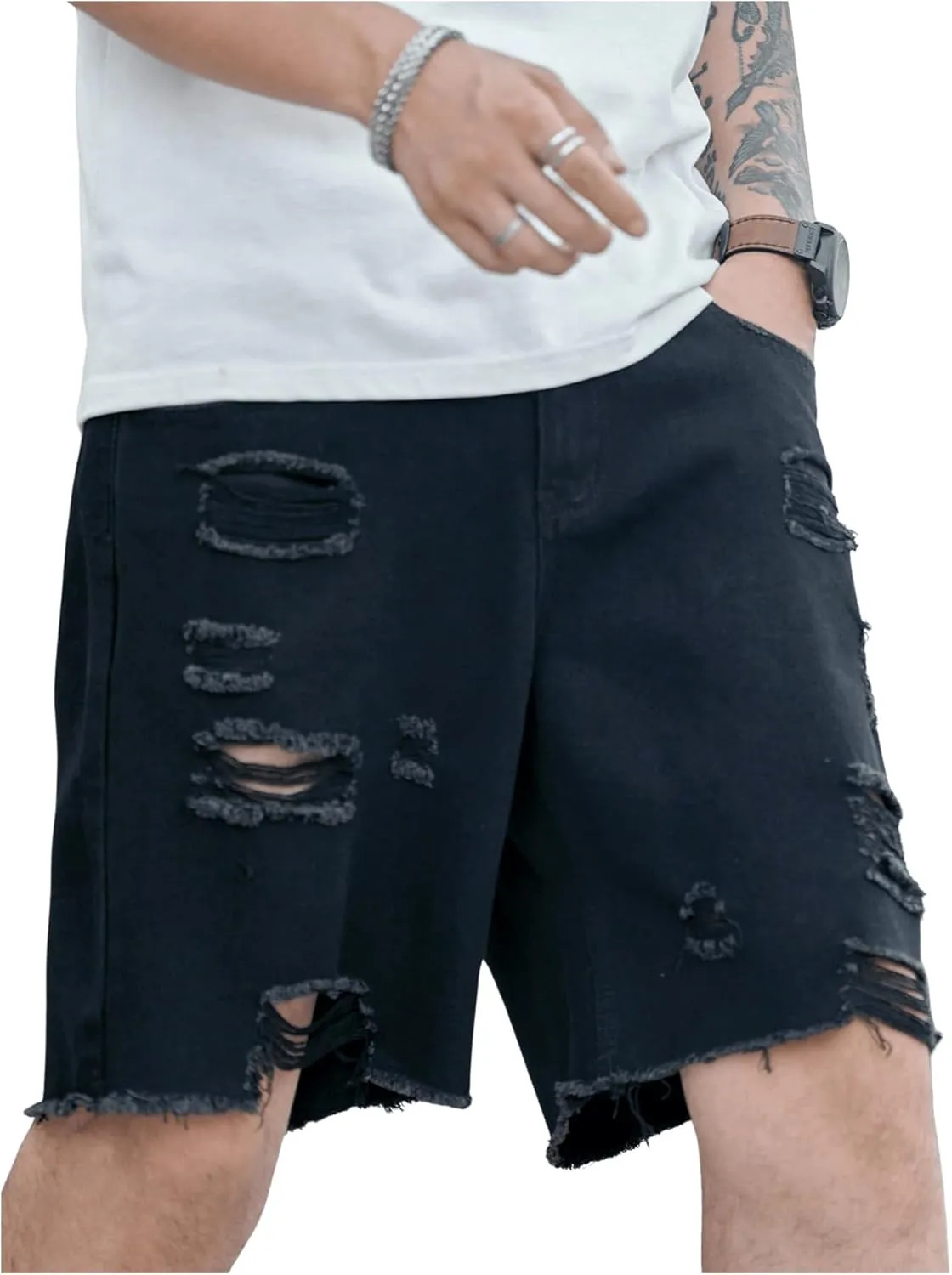 Verdusa Men's Ripped Distressed Raw Hem Straight Leg Denim Shorts