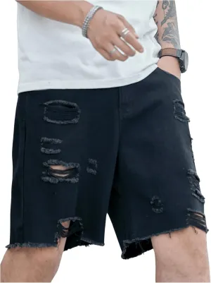 Verdusa Men's Ripped Distressed Raw Hem Straight Leg Denim Shorts