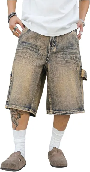 Verdusa Men's Vintage Jean Shorts Distressed Wide Leg Bermuda Denim Shorts with Pockets