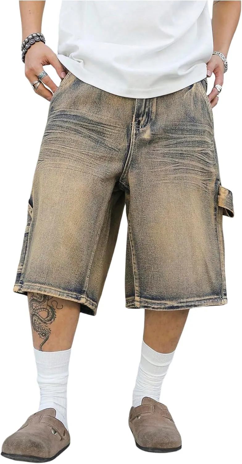 Verdusa Men's Vintage Jean Shorts Distressed Wide Leg Bermuda Denim Shorts with Pockets