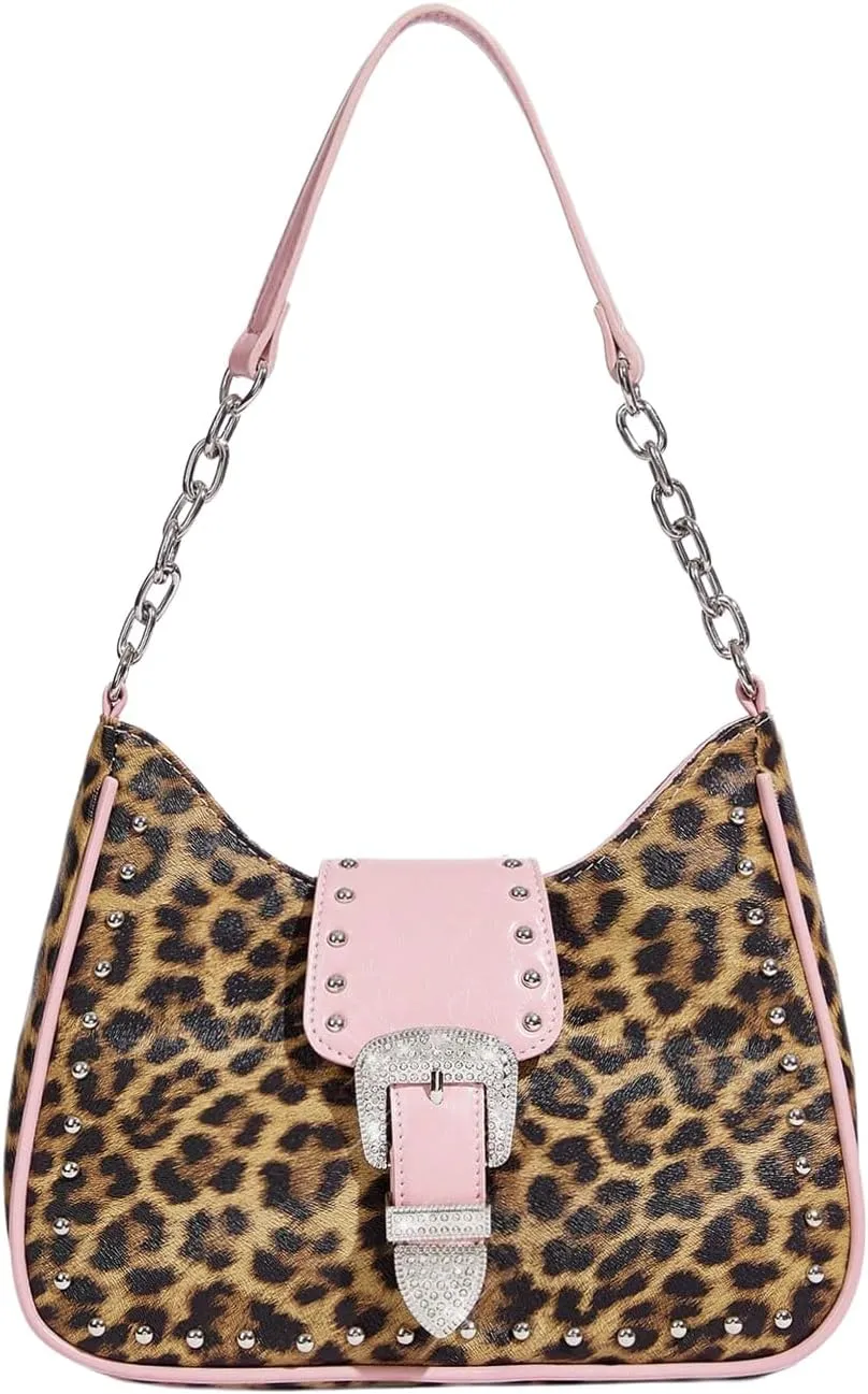 Verdusa Women's Y2K Leopard Rhinestone Leather Bag Chain Strap Studded Shoulder Bags