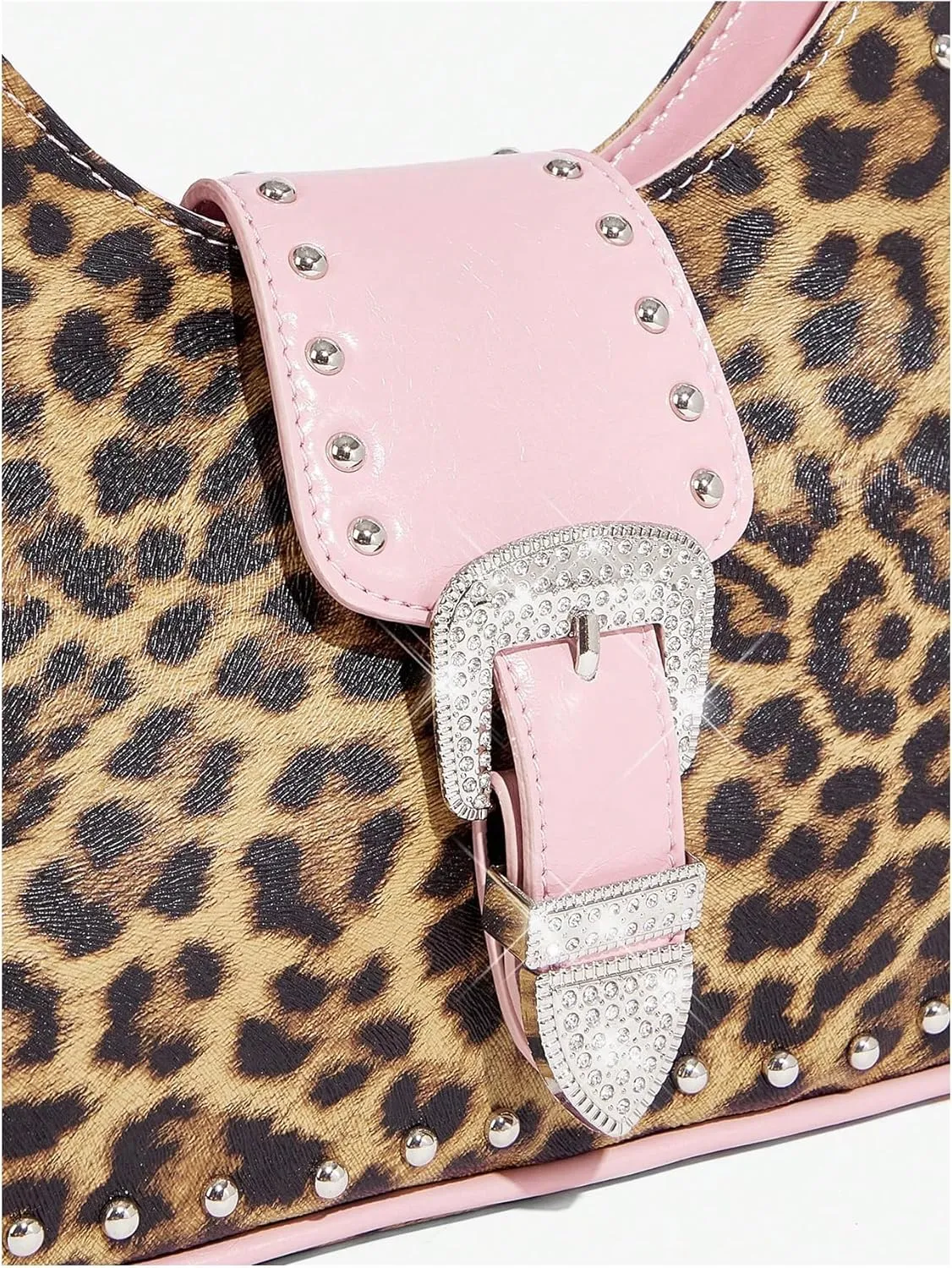 Verdusa Women's Y2K Leopard Rhinestone Leather Bag Chain Strap Studded Shoulder Bags
