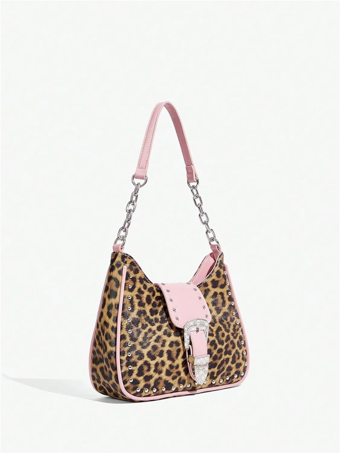 Verdusa Women's Y2K Leopard Rhinestone Leather Bag Chain Strap Studded Shoulder Bags
