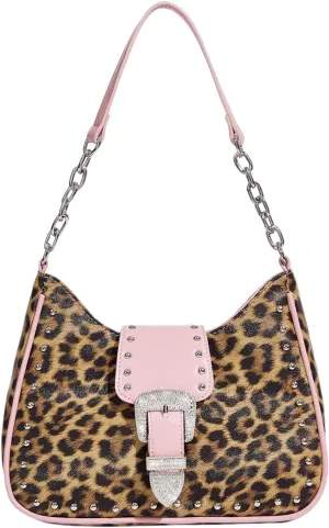 Verdusa Women's Y2K Leopard Rhinestone Leather Bag Chain Strap Studded Shoulder Bags
