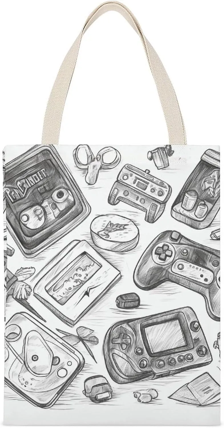Versatile Canvas Tote Bag,Monochrome Sketch Style Gaming Double-sided Print Large Capacity Canvas Tote Bag,foldable Tote Bag,fabric Tote Bag