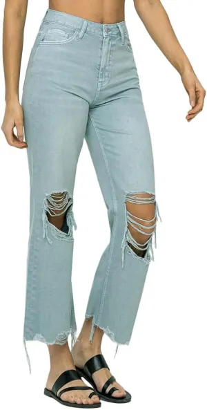 VERVET by Flying Monkey Distressed Cropped Flare Jeans Sage Blue High-Waist