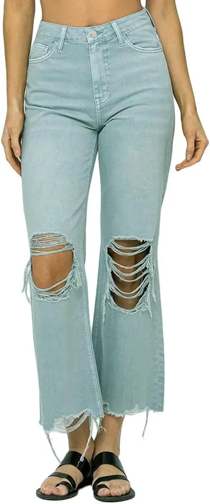 VERVET by Flying Monkey Distressed Cropped Flare Jeans Sage Blue High-Waist