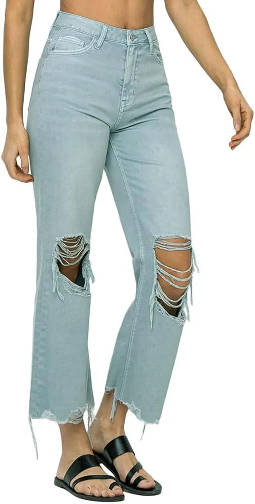 VERVET by Flying Monkey Distressed Cropped Flare Jeans Sage Blue High-Waist