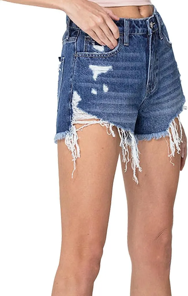 VERVET by Flying Monkey Distressed Denim Shorts High-Rise Blue