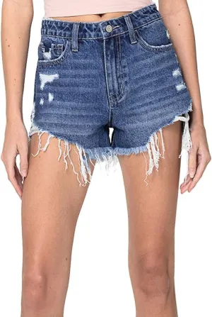 VERVET by Flying Monkey Distressed Denim Shorts High-Rise Blue