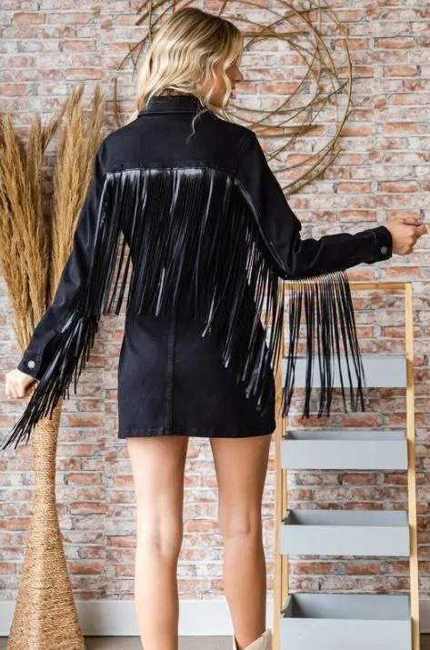 Veveret Black Women's Denim Dress with Fringe VD71588