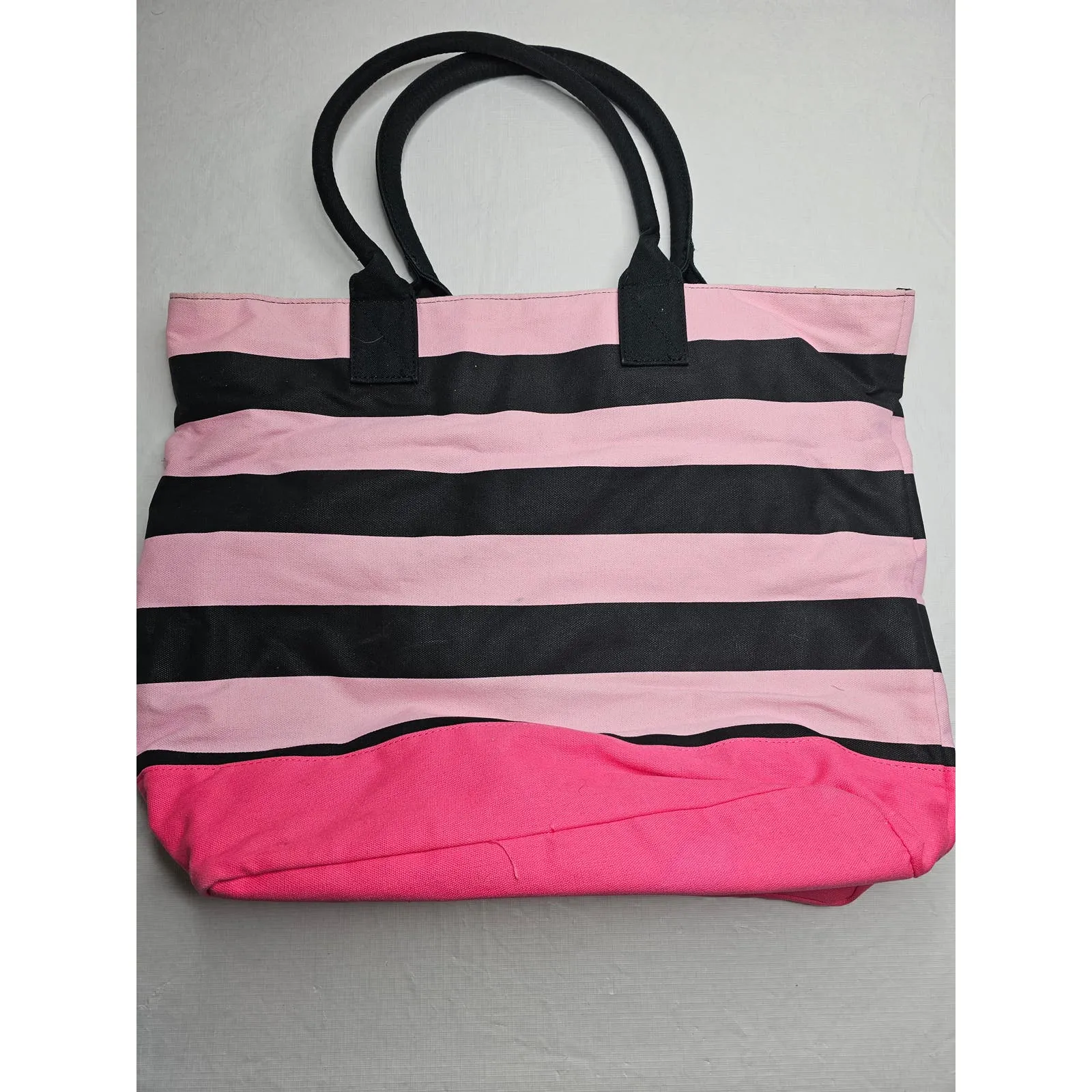 Victorias Secret Womens Large Canvas Tote Overnight Bag Pink Black Striped
