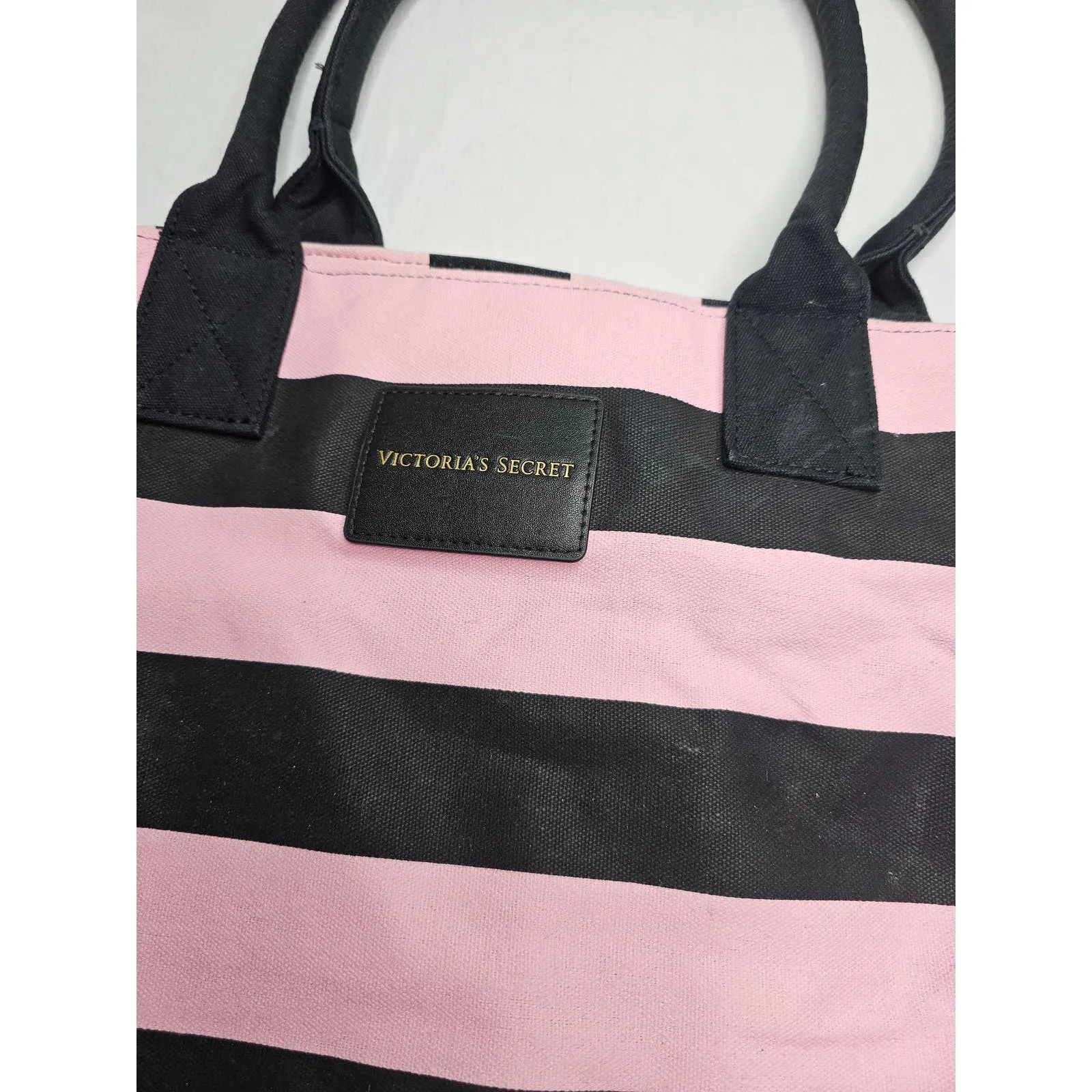 Victorias Secret Womens Large Canvas Tote Overnight Bag Pink Black Striped