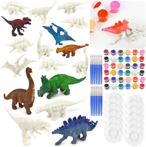 Vileafy Dino Painting Party Favors for Kids Ages 4-8 Years Old, 12 Set Dinosaur Paint Kit Include 12 Dino Figures, 12 Paintbrushes, 12 Palettes, 36 Colors Pigments