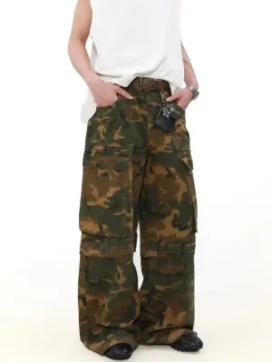 Vintage Camouflage Multi-Pocket Baggy Overalls