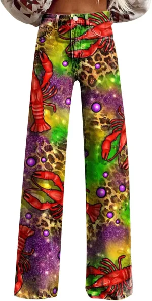 Vintage Flare Jeans for Women Wide Leg Baggy Pant Floral Print High Waisted Straight Stretch Pants with Pockets