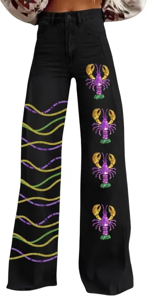 Vintage Flare Jeans for Women Wide Leg Baggy Pant Floral Print High Waisted Straight Stretch Pants with Pockets