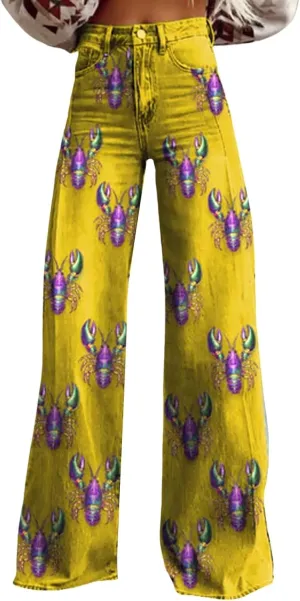 Vintage Flare Jeans for Women Wide Leg Baggy Pant Floral Print High Waisted Straight Stretch Pants with Pockets