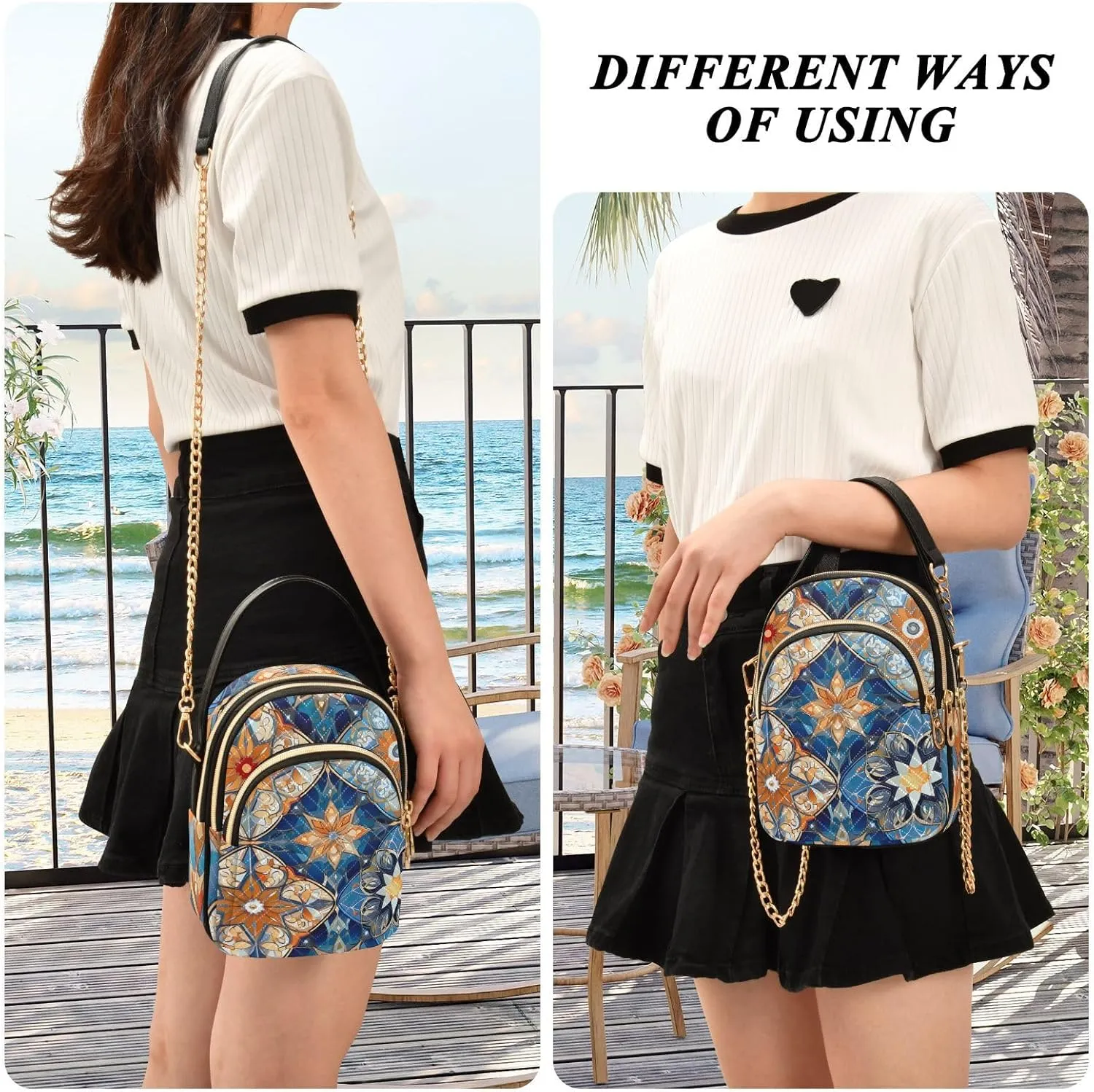Vintage Floral with Blue Roses Triple Compartment Crossbody Bag, Ladies Shoulder Handbags