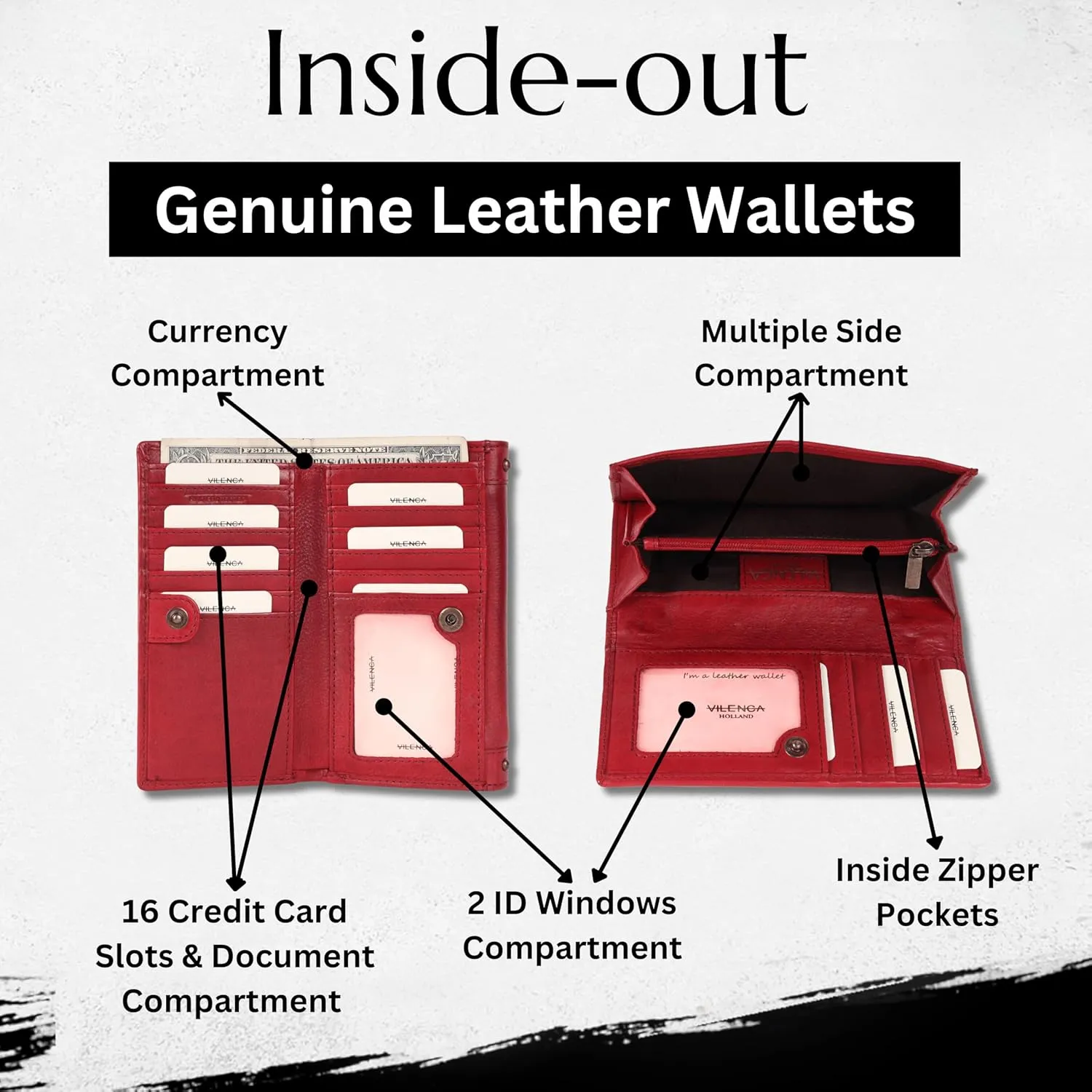 Vintage Italian Leather Boho Studded Trifold Wallet – Zipper Coin Purse & Credit Card Holder for Women (Red)