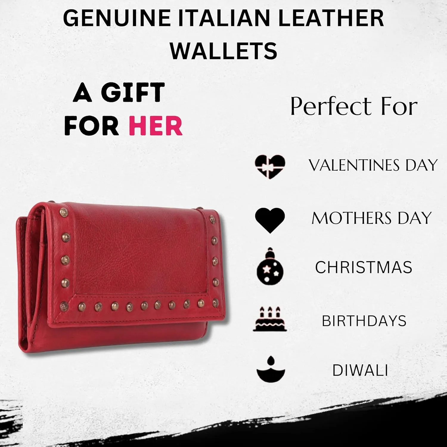 Vintage Italian Leather Boho Studded Trifold Wallet – Zipper Coin Purse & Credit Card Holder for Women (Red)
