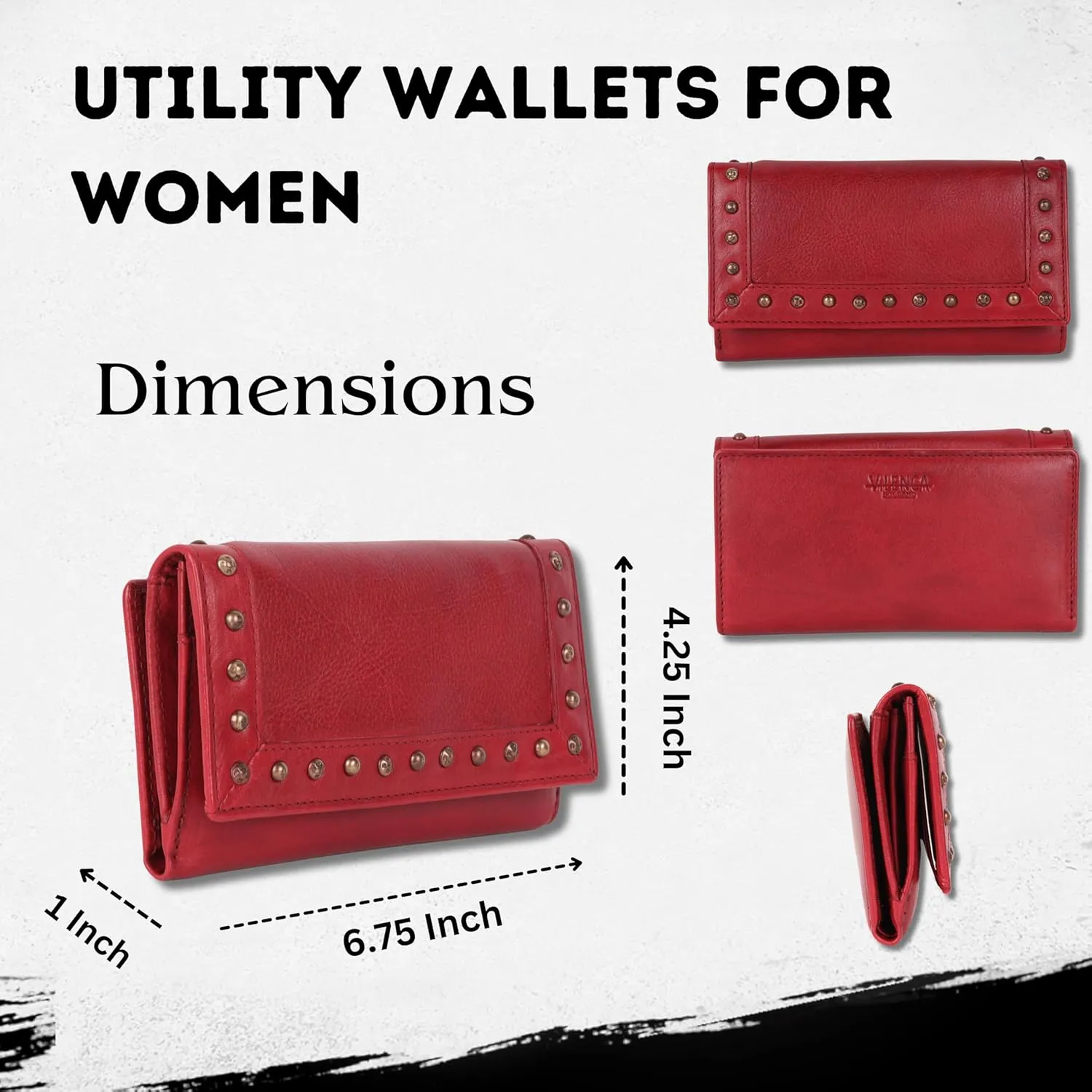 Vintage Italian Leather Boho Studded Trifold Wallet – Zipper Coin Purse & Credit Card Holder for Women (Red)