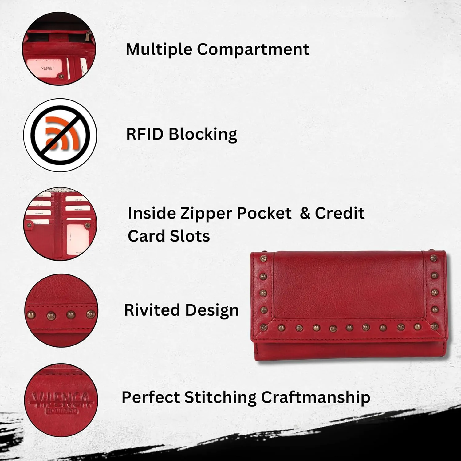 Vintage Italian Leather Boho Studded Trifold Wallet – Zipper Coin Purse & Credit Card Holder for Women (Red)