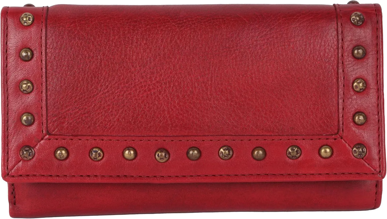Vintage Italian Leather Boho Studded Trifold Wallet – Zipper Coin Purse & Credit Card Holder for Women (Red)