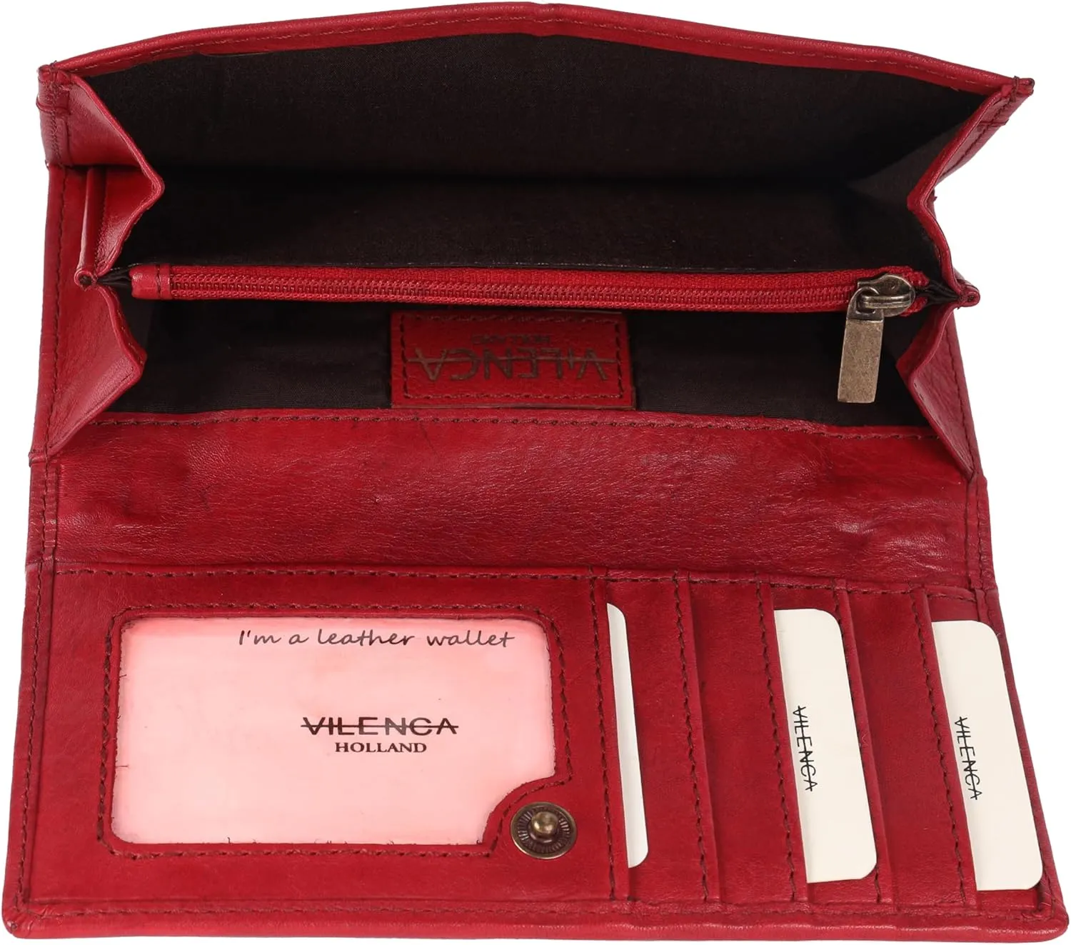 Vintage Italian Leather Boho Studded Trifold Wallet – Zipper Coin Purse & Credit Card Holder for Women (Red)