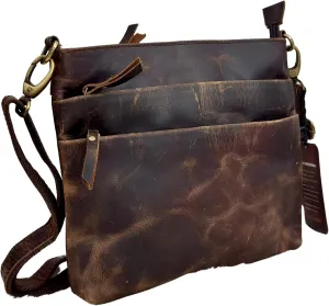 Vintage Leather Crossbody Bag for Men and Women, Distressed Brown, Multi-Pocket Design, Adjustable Strap, Brass Hardware