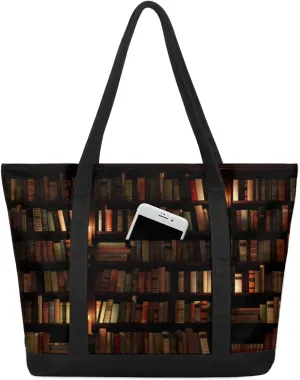 Vintage Library Bookshelf Tote Bag Tote Bag for Women Reusable Grocery Shopping Cloth Bags with Zipper Large Capacity Foldable Handbag Gym Bag for Gift Activity