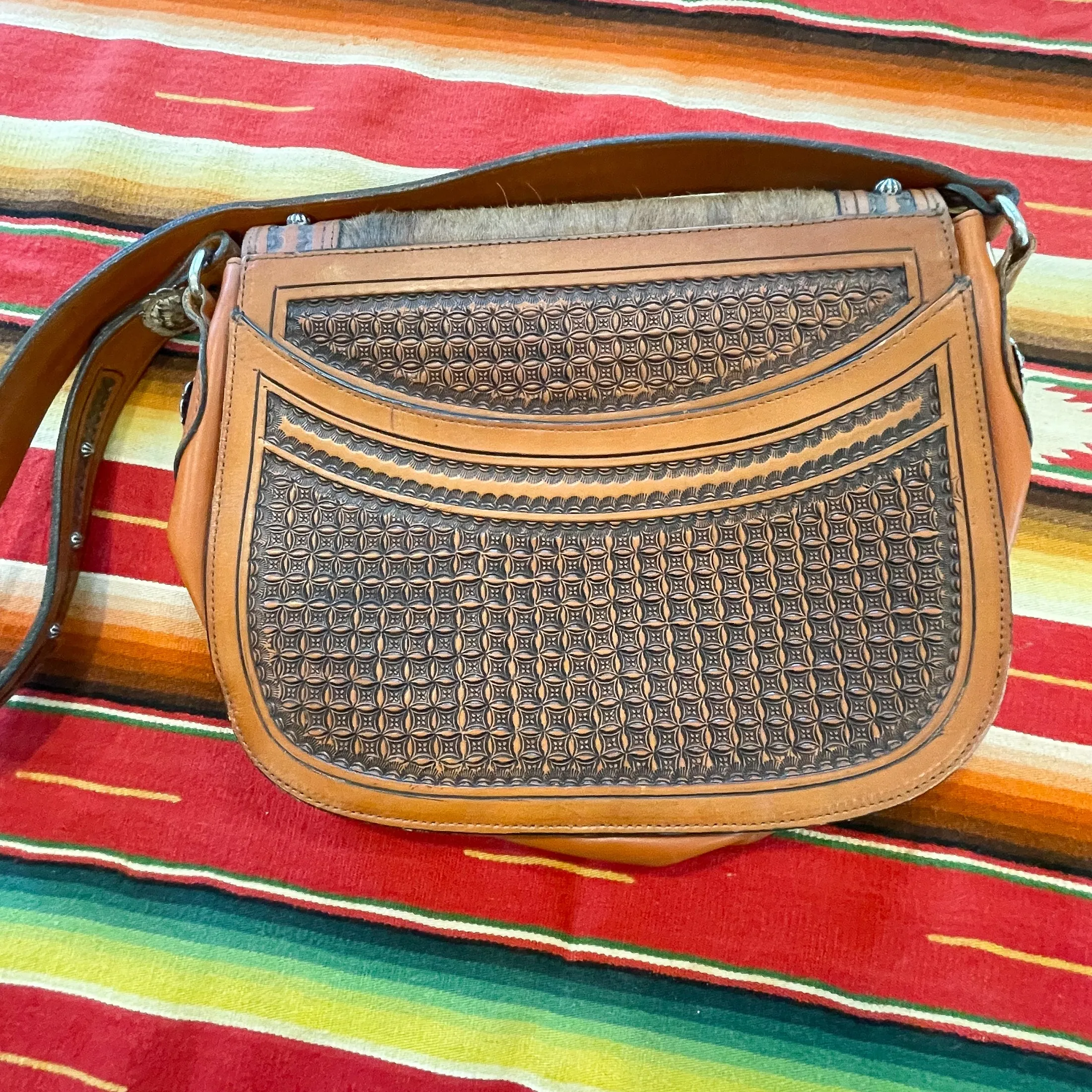 Vintage Tooled Leather Cowhide Shoulder Bag, Metal Studded Southwestern Bag