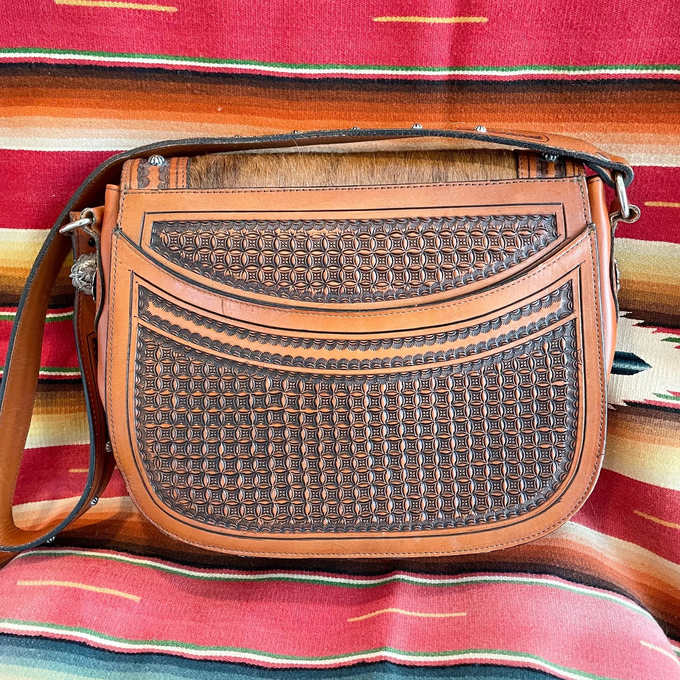 Vintage Tooled Leather Cowhide Shoulder Bag, Metal Studded Southwestern Bag