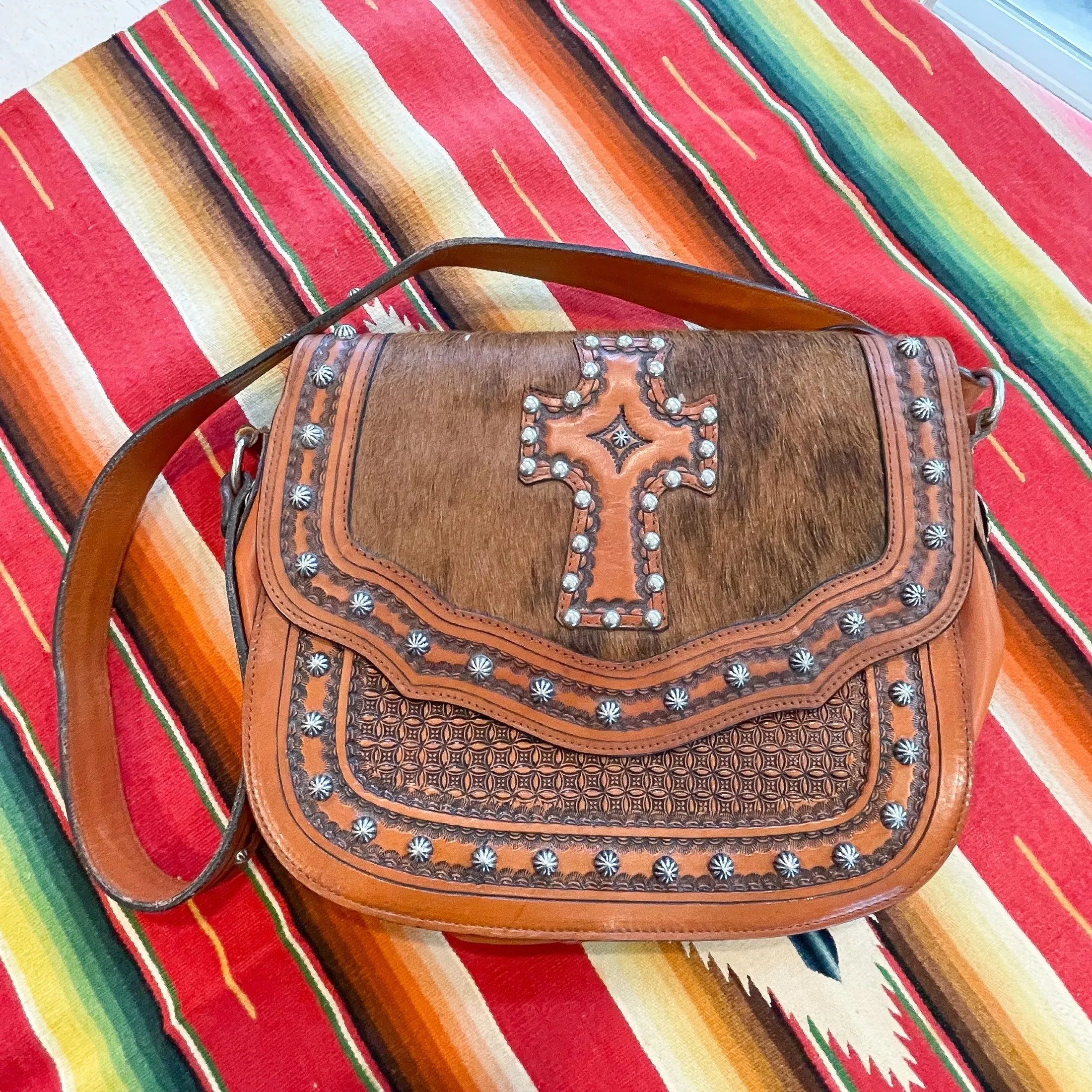 Vintage Tooled Leather Cowhide Shoulder Bag, Metal Studded Southwestern Bag