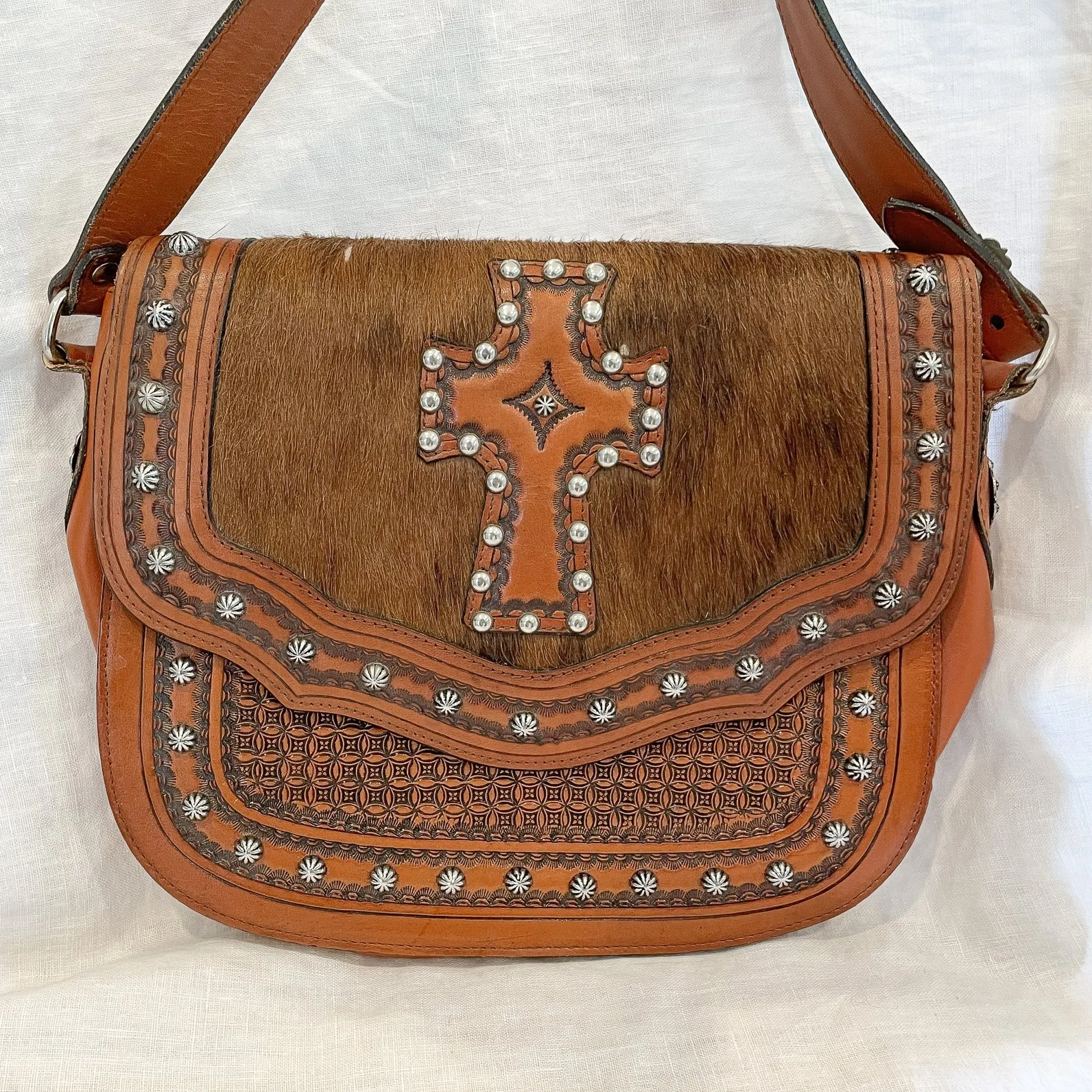 Vintage Tooled Leather Cowhide Shoulder Bag, Metal Studded Southwestern Bag