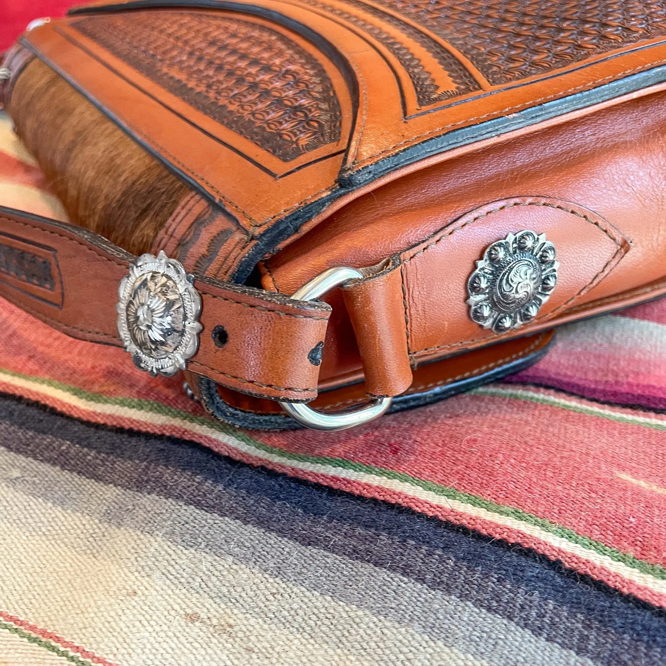 Vintage Tooled Leather Cowhide Shoulder Bag, Metal Studded Southwestern Bag
