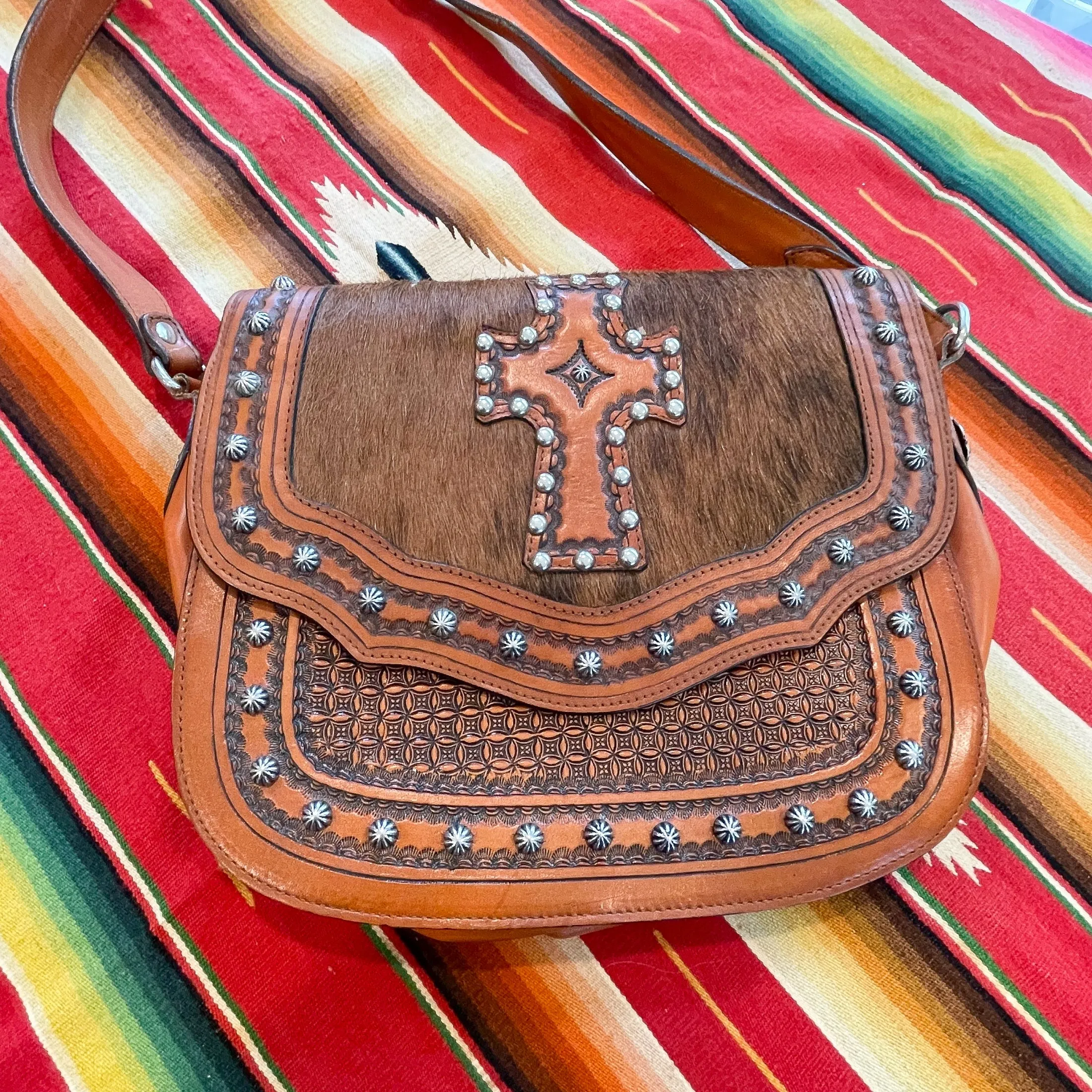 Vintage Tooled Leather Cowhide Shoulder Bag, Metal Studded Southwestern Bag