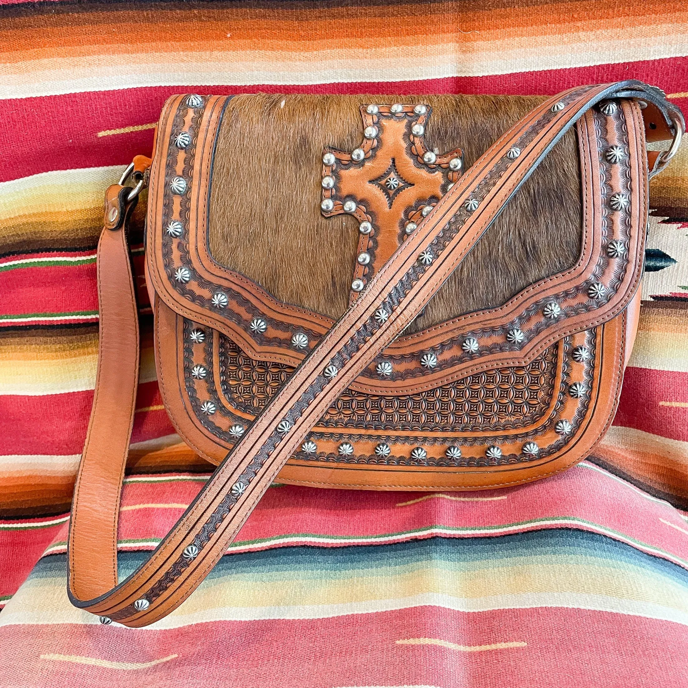 Vintage Tooled Leather Cowhide Shoulder Bag, Metal Studded Southwestern Bag
