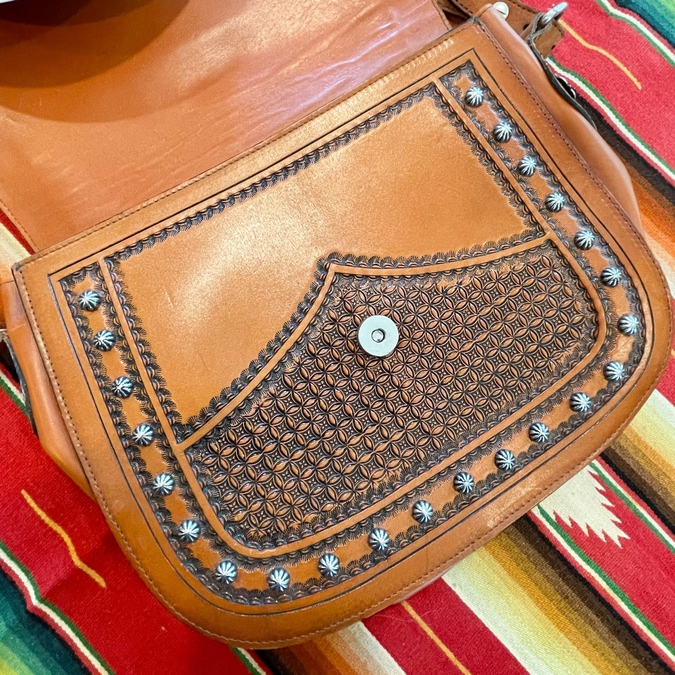 Vintage Tooled Leather Cowhide Shoulder Bag, Metal Studded Southwestern Bag