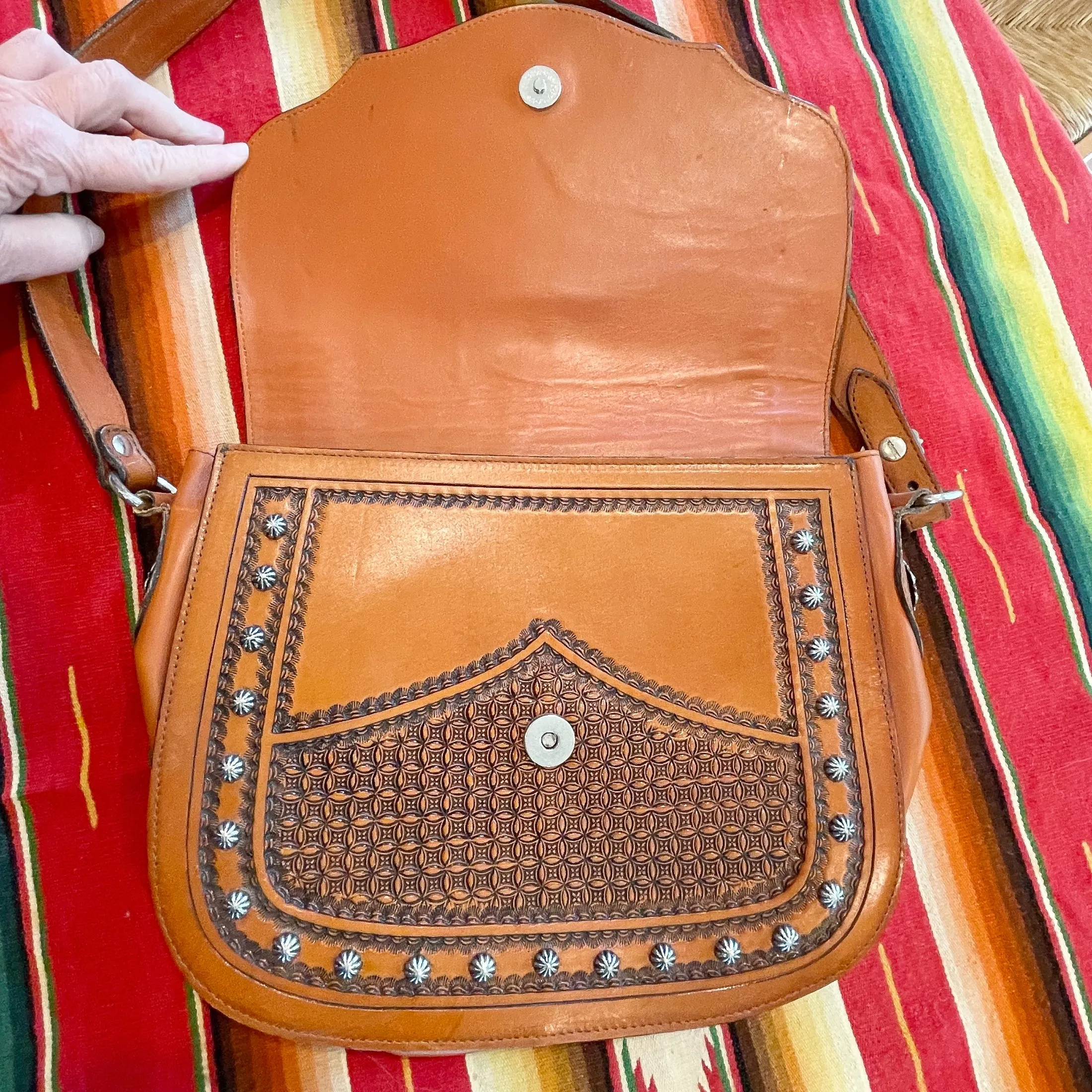 Vintage Tooled Leather Cowhide Shoulder Bag, Metal Studded Southwestern Bag