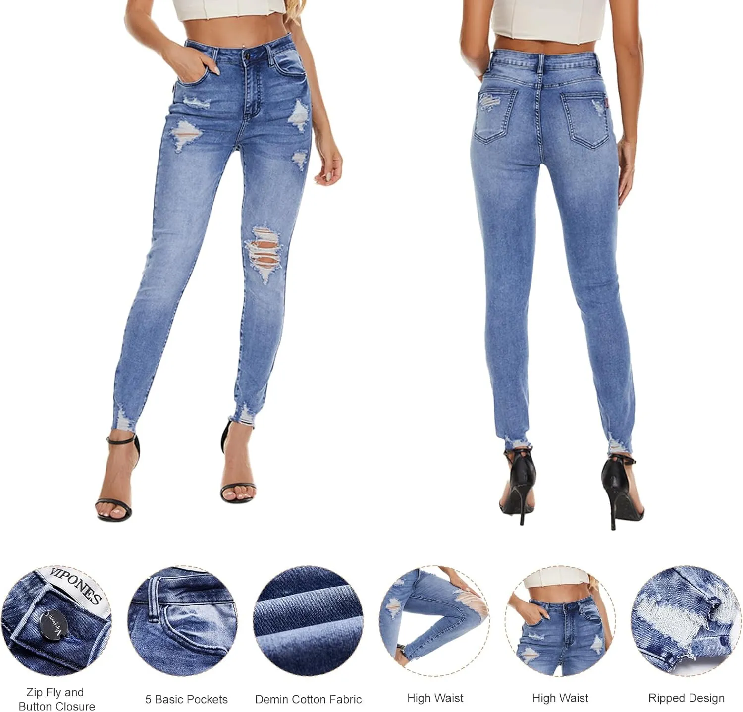 VIPONES Women Jeans High Waisted Skinny Stretchy Soft Slim Fit Distressed Comfy Classic Jeggings Denim Pants