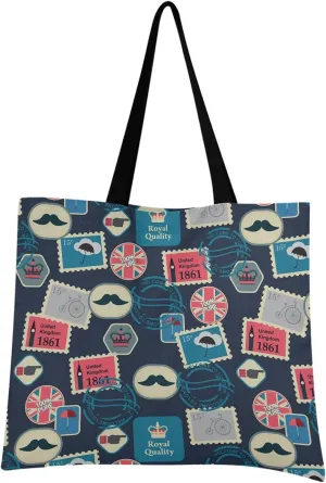 visesunny Women Extra Large Tote Bag British Style Beard Post Stamps Shoulder Bags Ladies Beach Travel Reusable Grocery Shopping Portable Storage Handbag